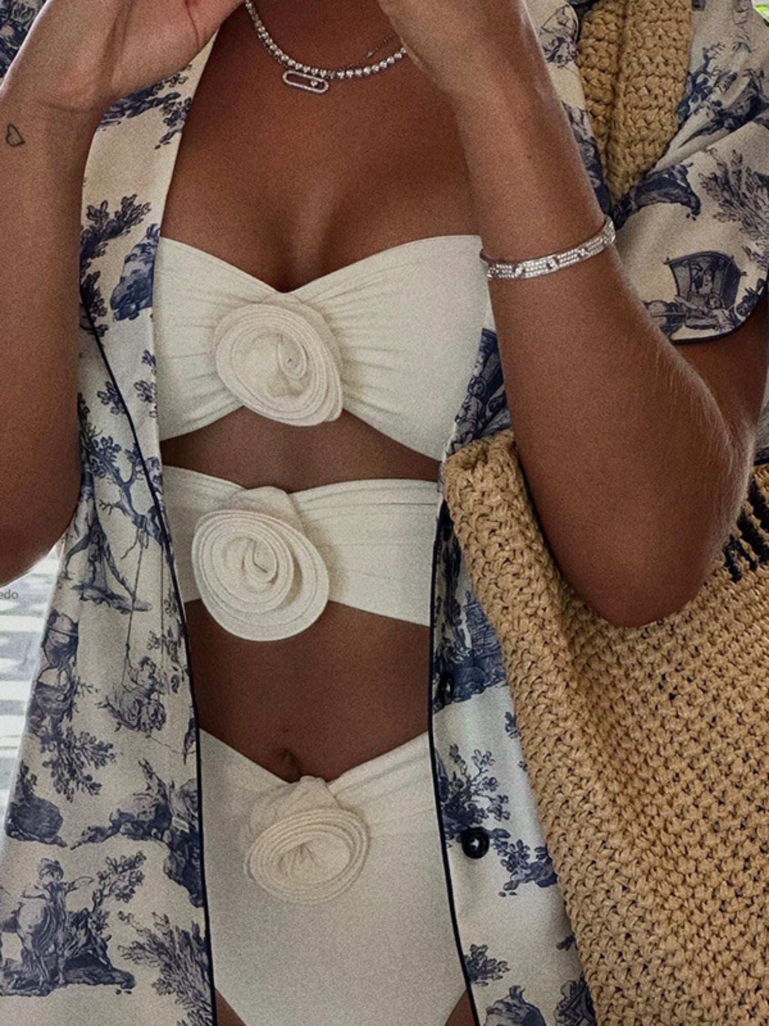 White Strapless 3D Rose Cutout One-Piece Swimsuit