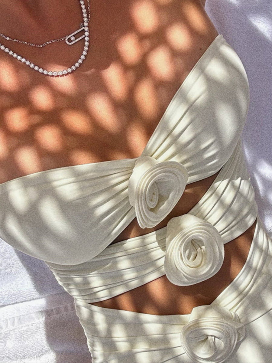 White Strapless 3D Rose Cutout One-Piece Swimsuit