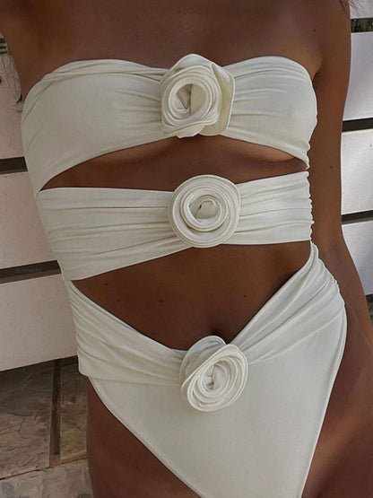 White Strapless 3D Rose Cutout One-Piece Swimsuit
