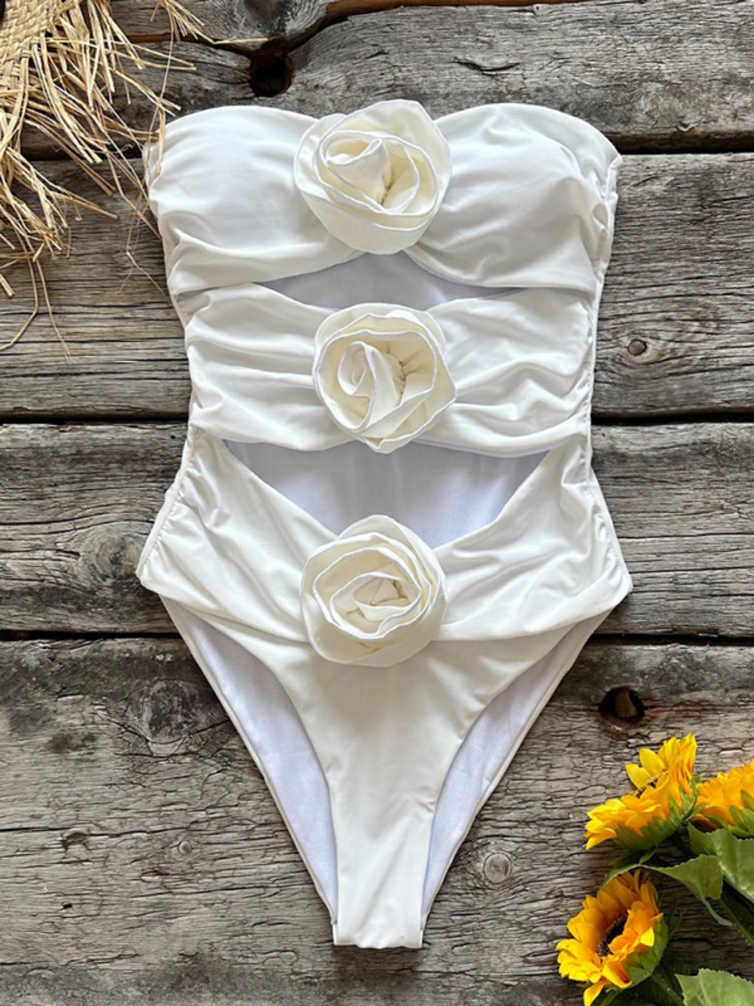 White Strapless 3D Rose Cutout One-Piece Swimsuit