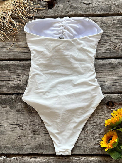 White Strapless 3D Rose Cutout One-Piece Swimsuit