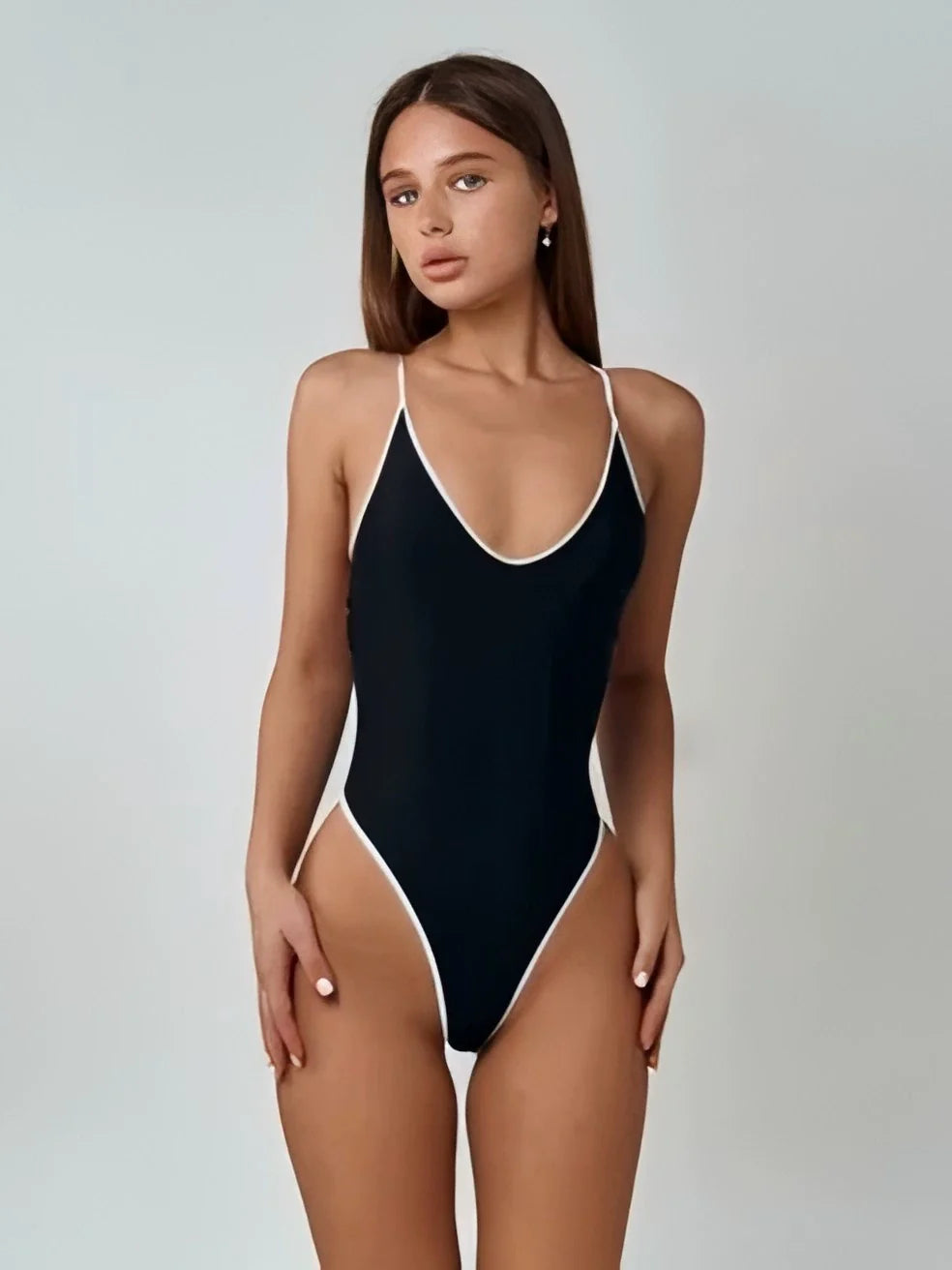 Black One-Piece Swimsuit with White Contrast Trim