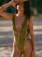 Olive Green Tiger Print Deep V Cutout Tie-Side One-Piece