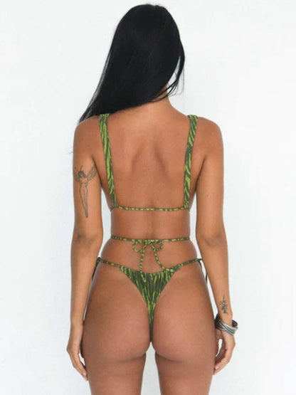 Olive Green Tiger Print Deep V Cutout Tie-Side One-Piece
