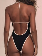 Black White Contrast Trim Cutout O-Ring Halter One Piece