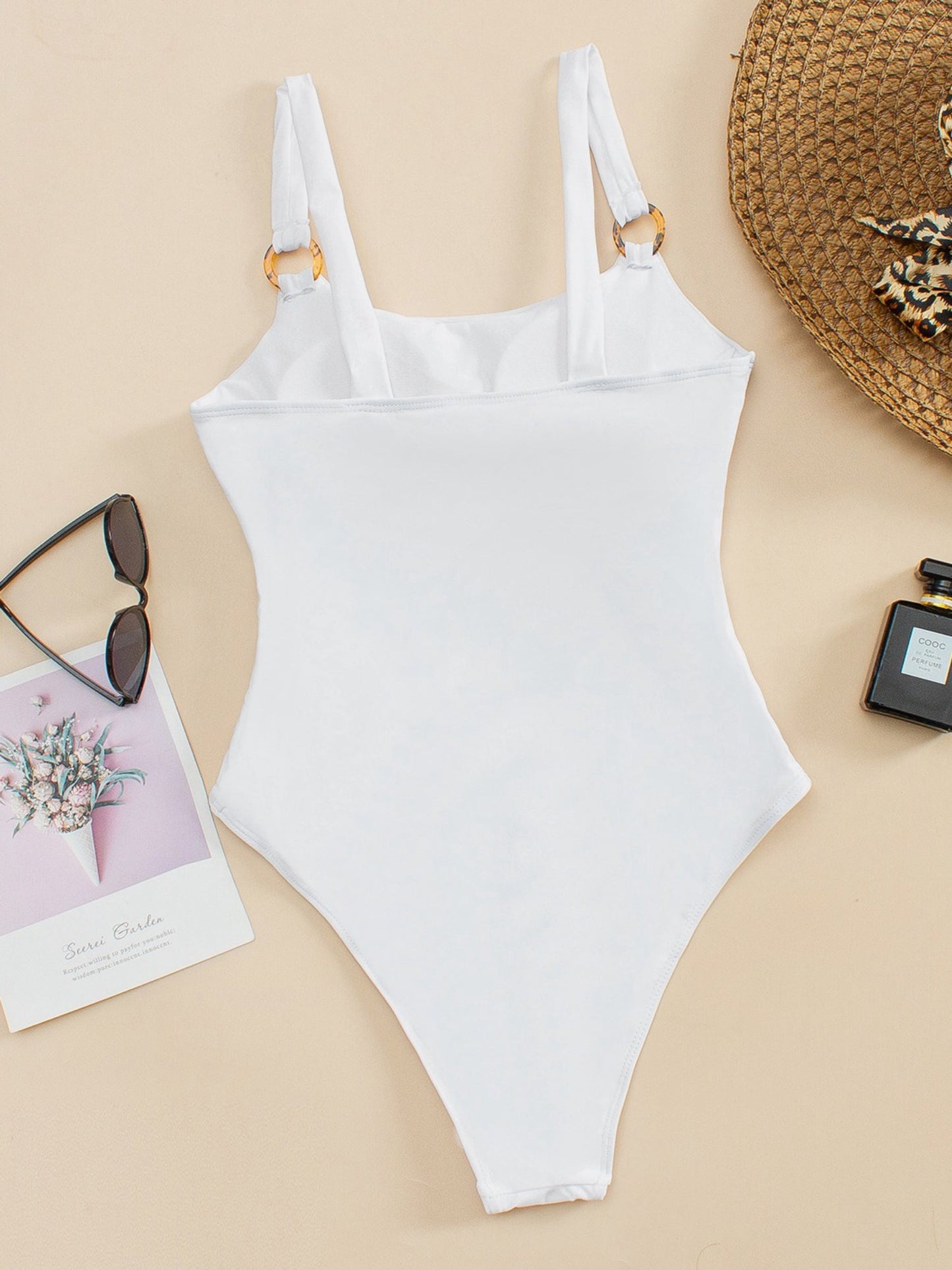 White Textured Side Cutout O-Ring Spaghetti Strap One Piece