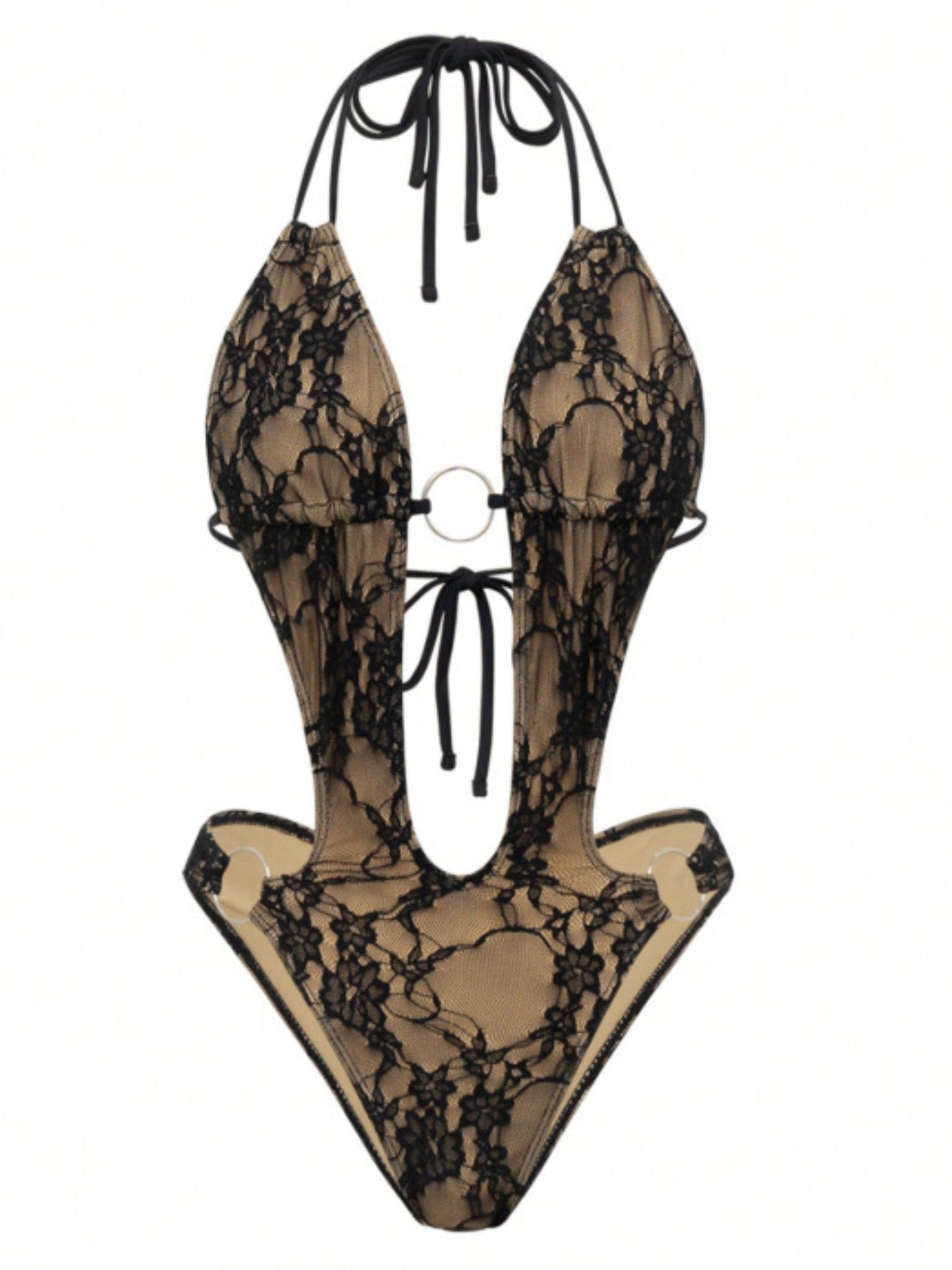 Sheer Lace O-Ring Cutout Halter High Cut One Piece
