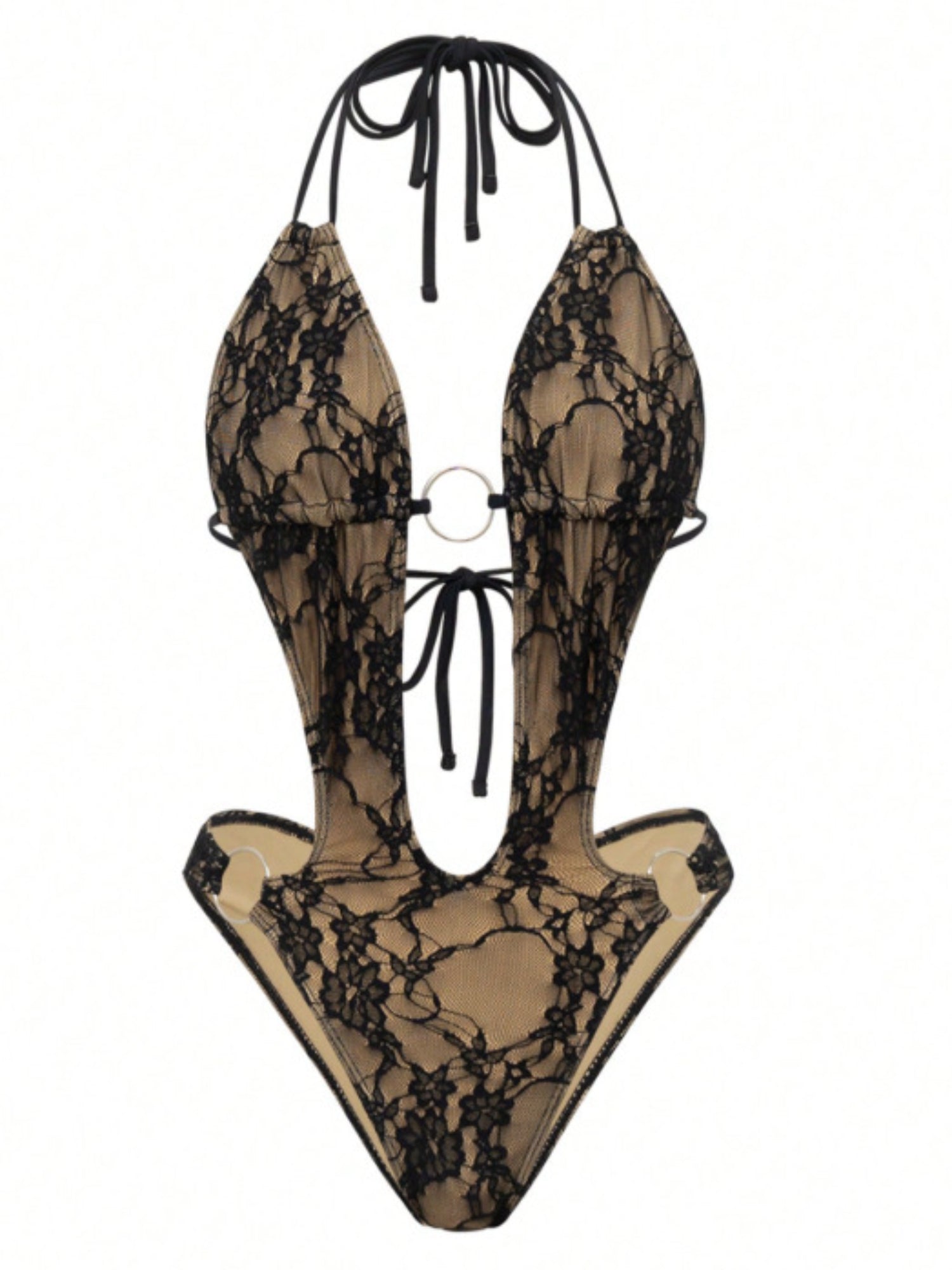 Sheer Lace O-Ring Cutout Halter High Cut One Piece