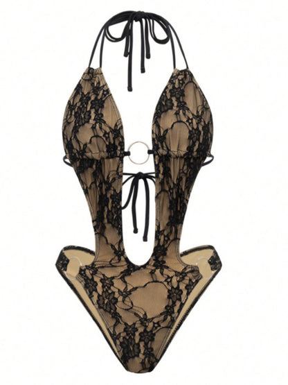 Sheer Lace O-Ring Cutout Halter High Cut One Piece