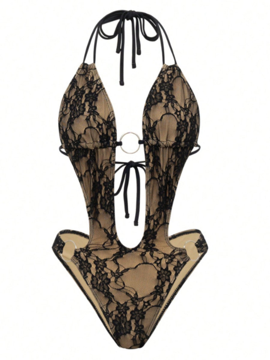 Sheer Lace O-Ring Cutout Halter High Cut One Piece