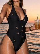 Black Deep V Eyelet Detail Halter High Cut One Piece