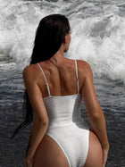 White Ribbed Wrap V Neck Thin Strap High Cut One Piece