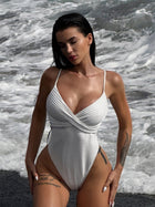 White Ribbed Wrap V Neck Thin Strap High Cut One Piece
