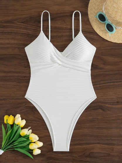 White Ribbed Wrap V Neck Thin Strap High Cut One Piece