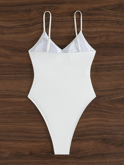 White Ribbed Wrap V Neck Thin Strap High Cut One Piece