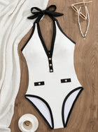 White Textured Halter V-Neck One-Piece