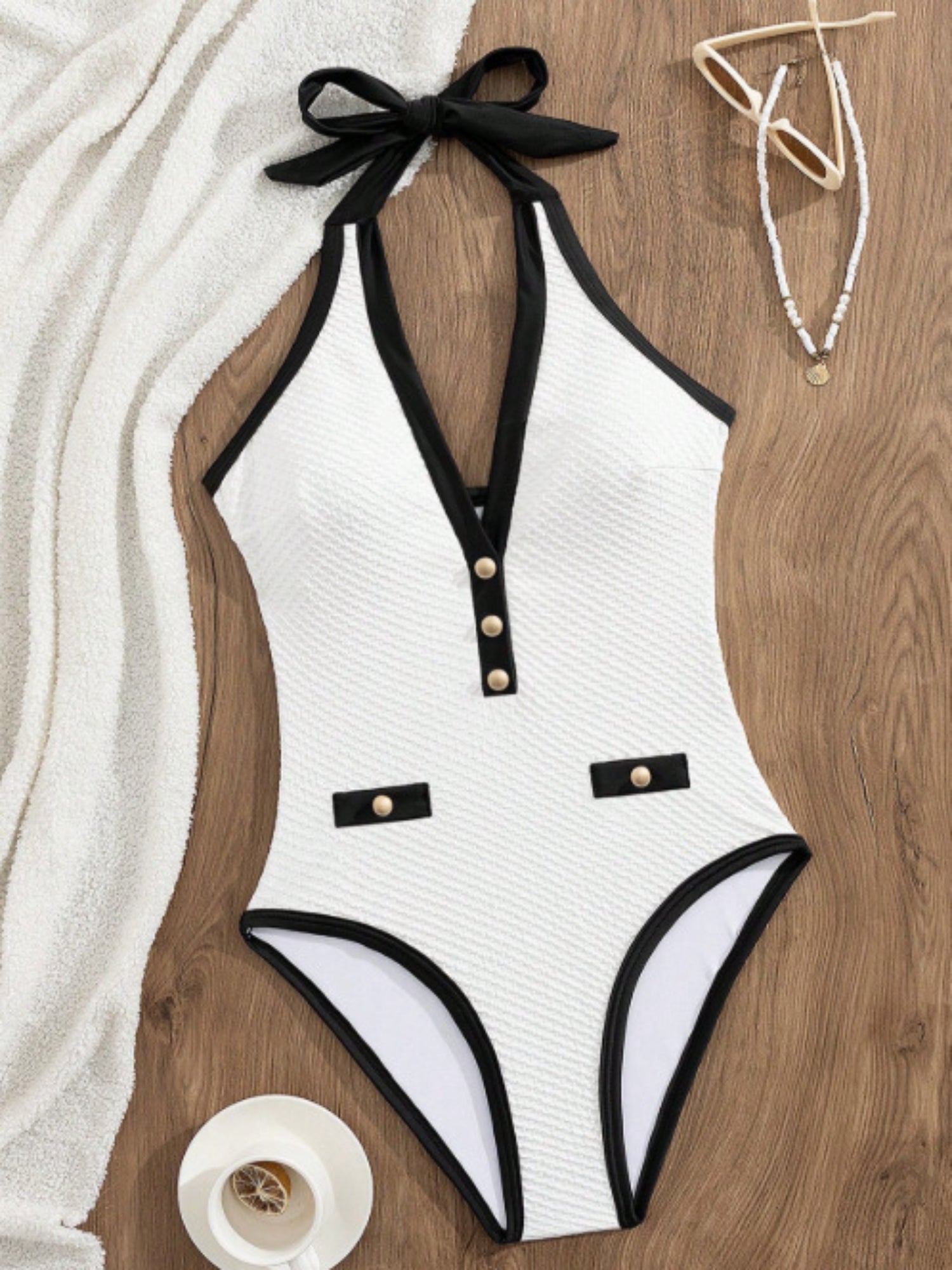 White Textured Halter V-Neck One-Piece
