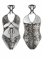 Snake Print Cross Halter Cutout One-Piece