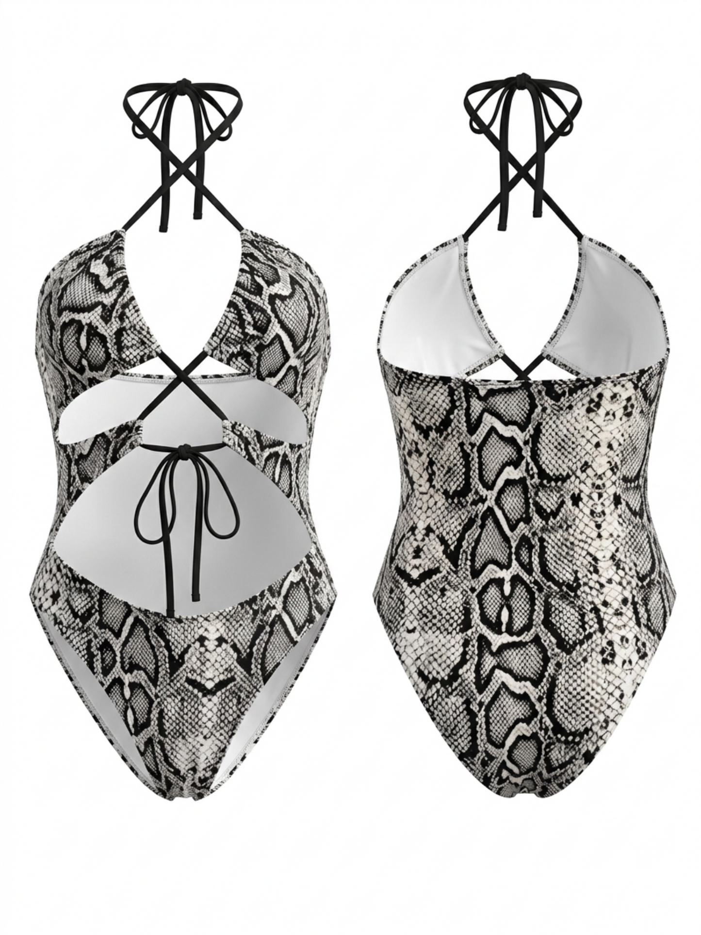 Snake Print Cross Halter Cutout One-Piece