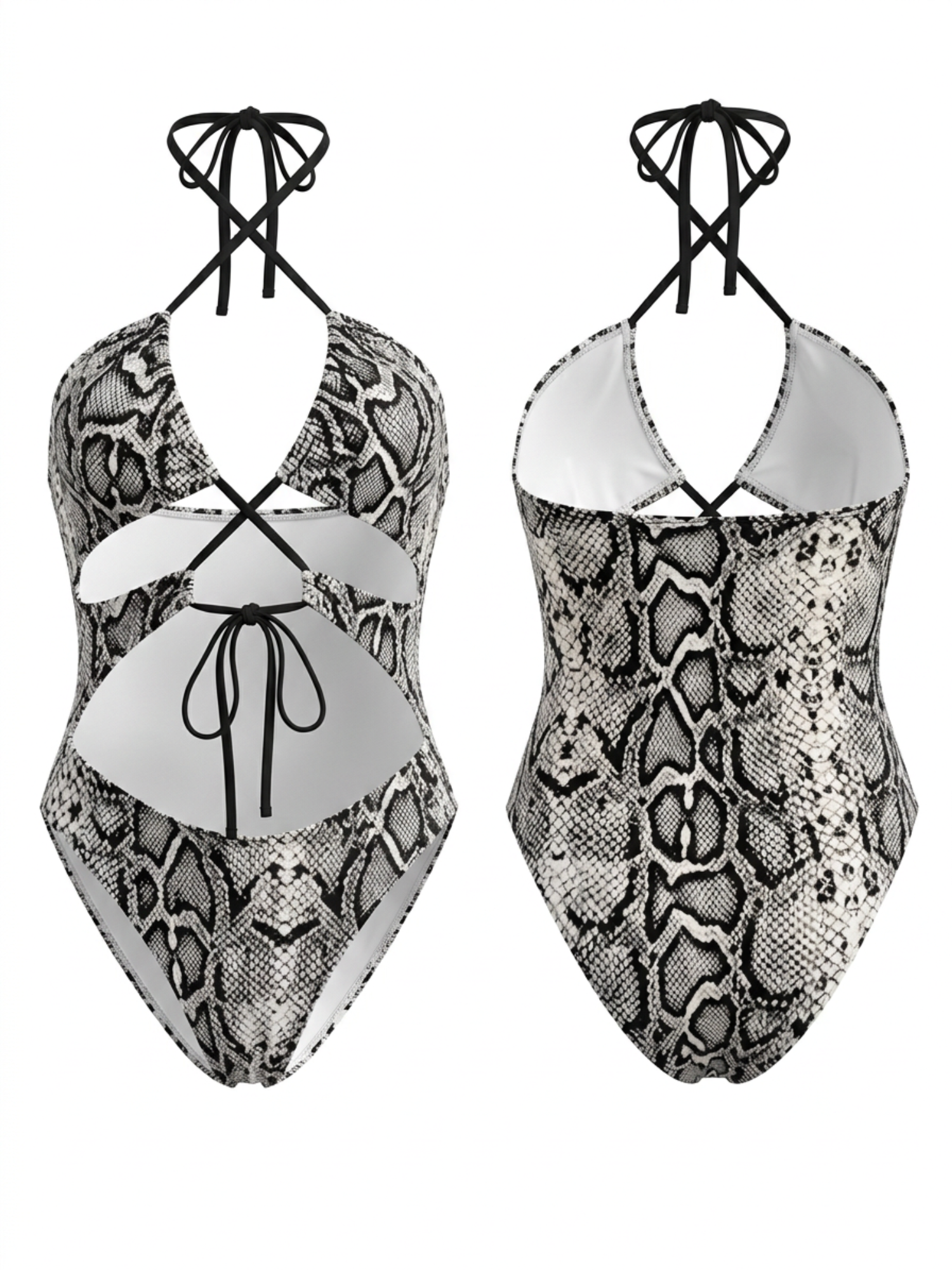 Snake Print Cross Halter Cutout One-Piece
