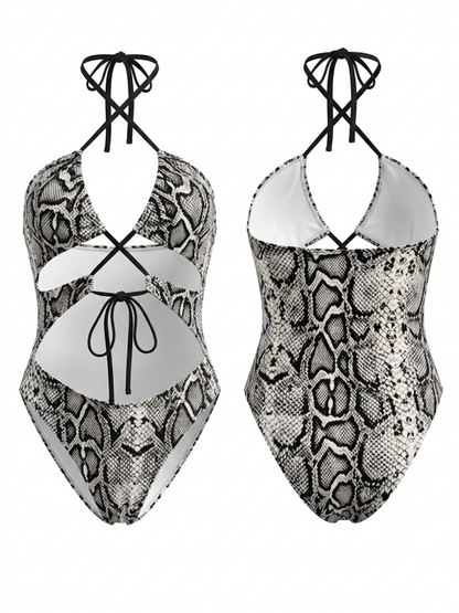 Snake Print Cross Halter Cutout One-Piece