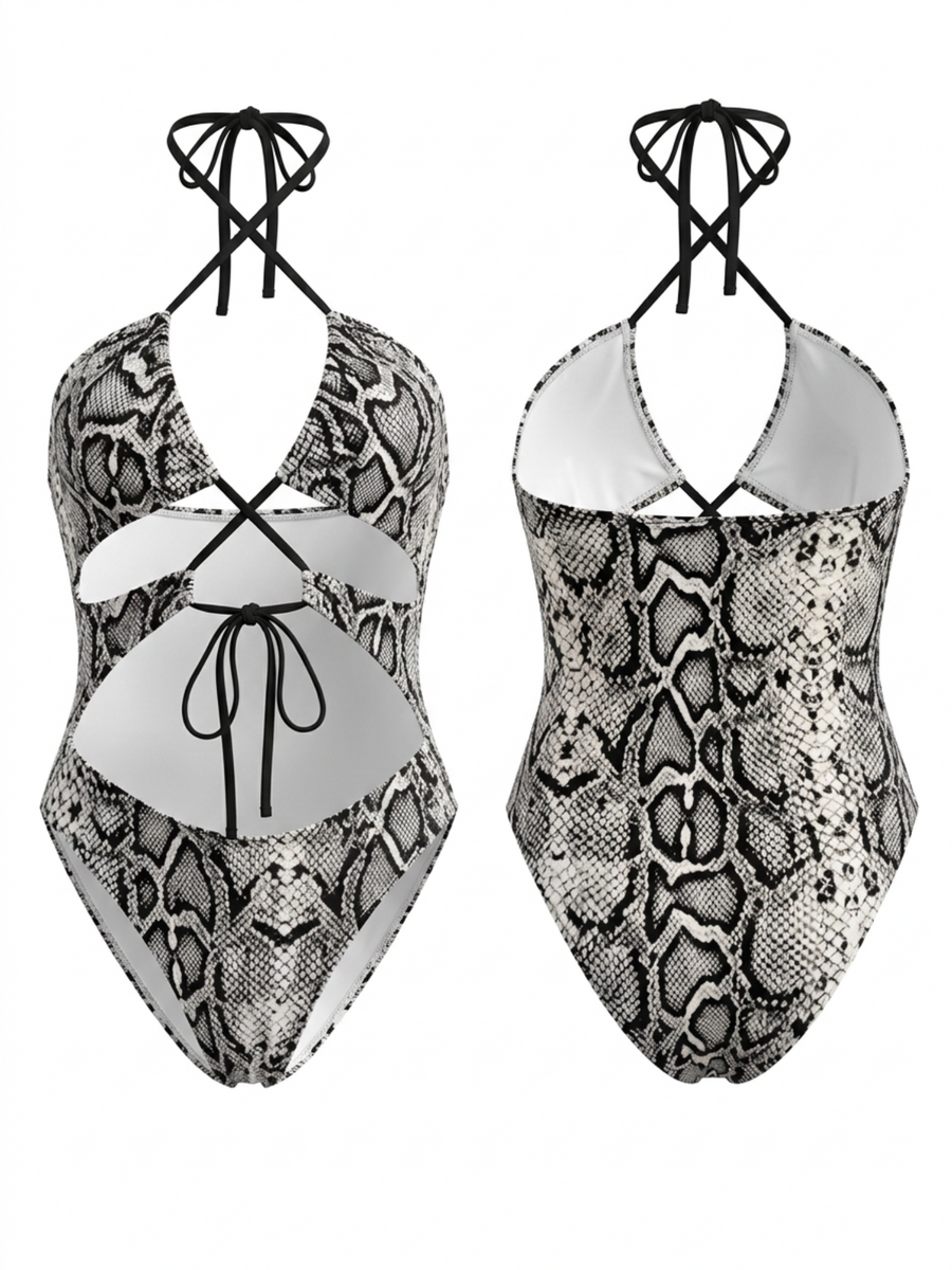 Snake Print Cross Halter Cutout One-Piece