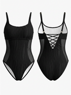 Black Textured Ribbed One-Piece Swimsuit with Mesh Side Cutout