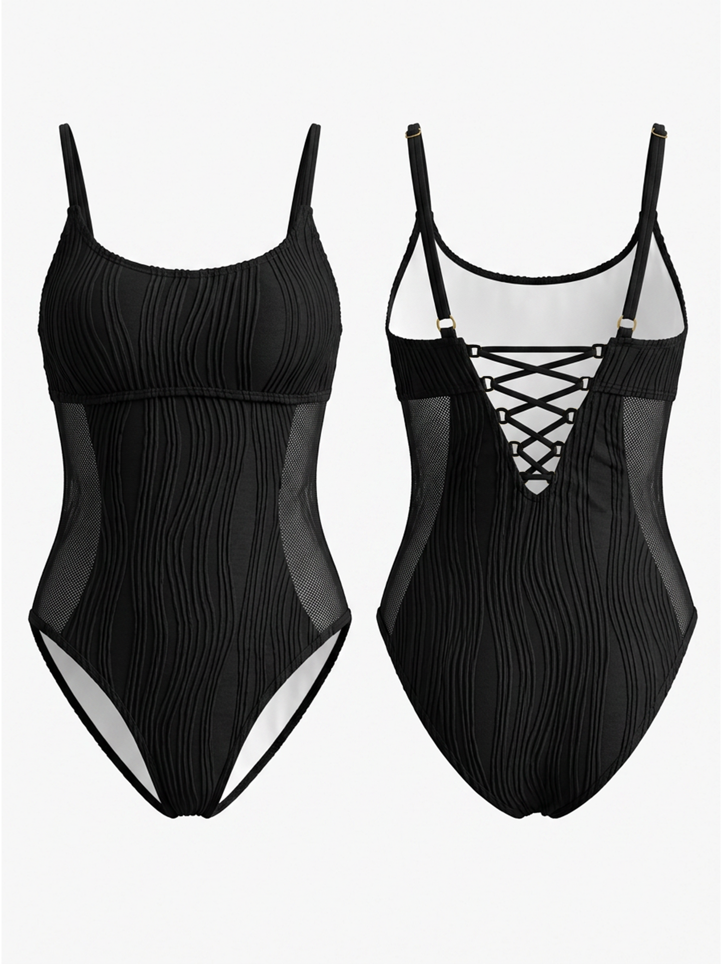 Black Textured Ribbed One-Piece Swimsuit with Mesh Side Cutout