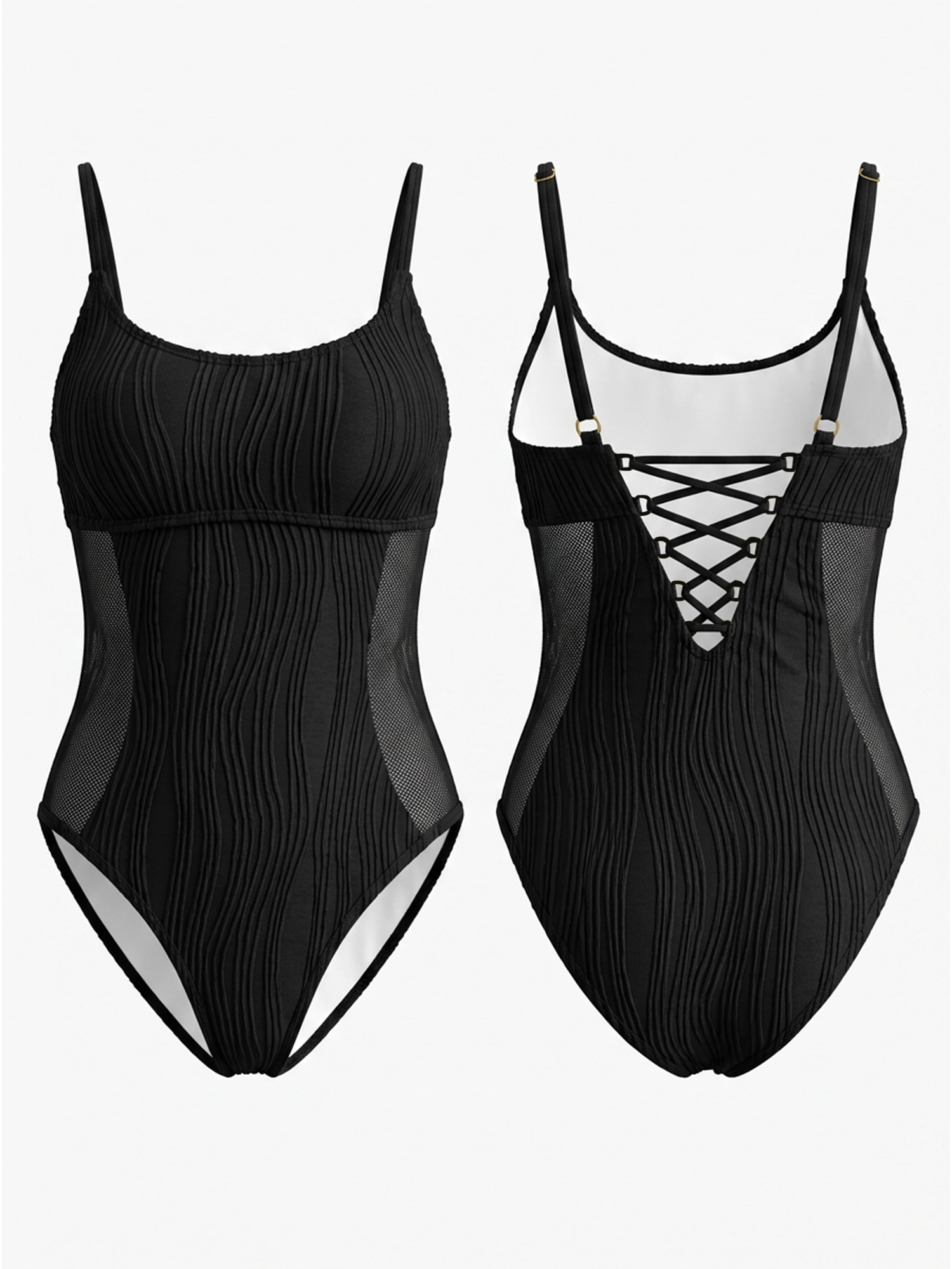 Black Textured Ribbed One-Piece Swimsuit with Mesh Side Cutout