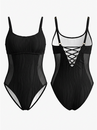Black Textured Ribbed One-Piece Swimsuit with Mesh Side Cutout