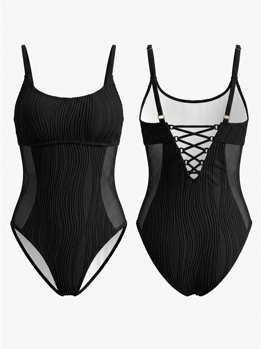Black Textured Ribbed One-Piece Swimsuit with Mesh Side Cutout