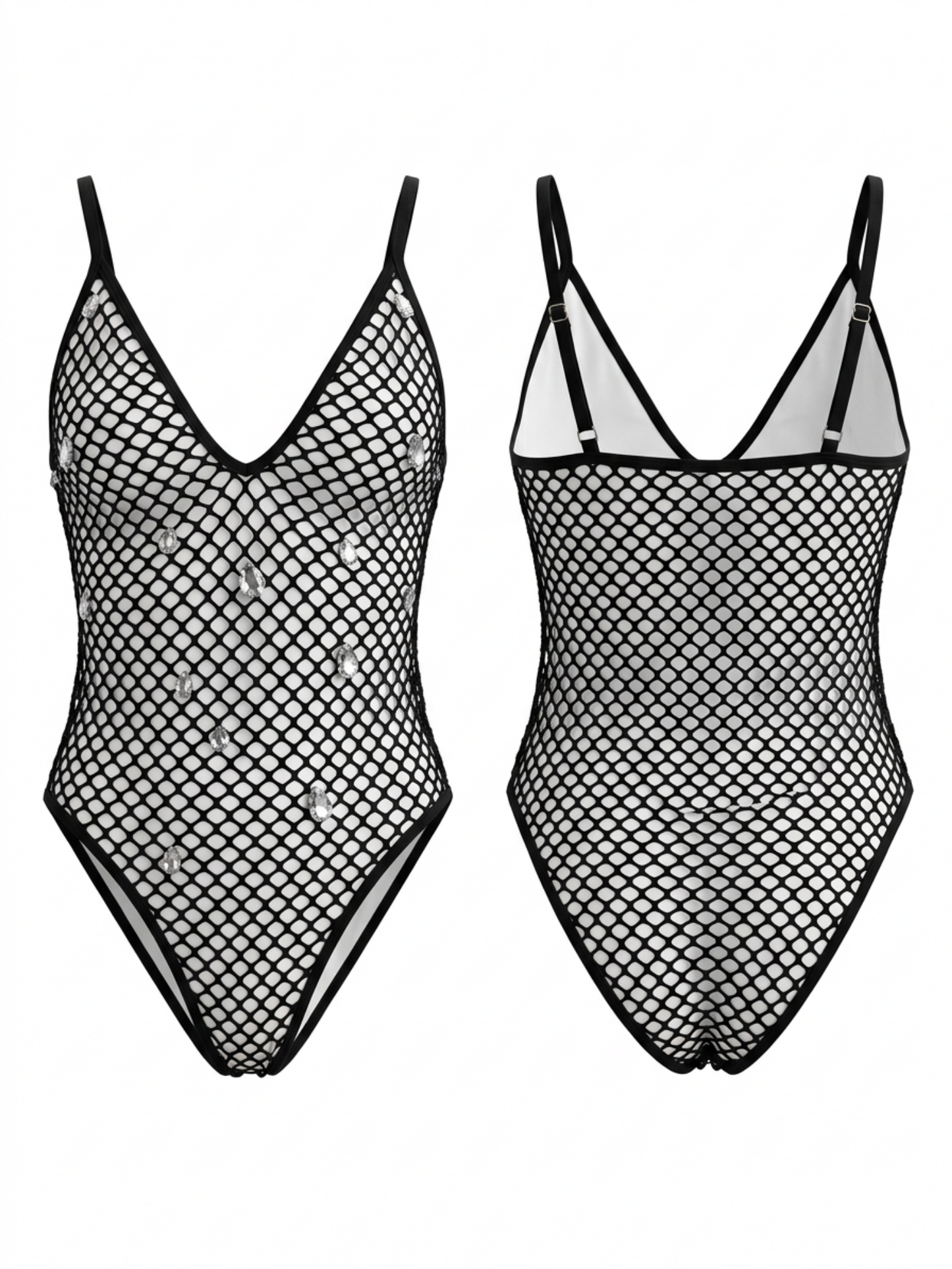 Fishnet Rhinestone V-Neck Strap One-Piece