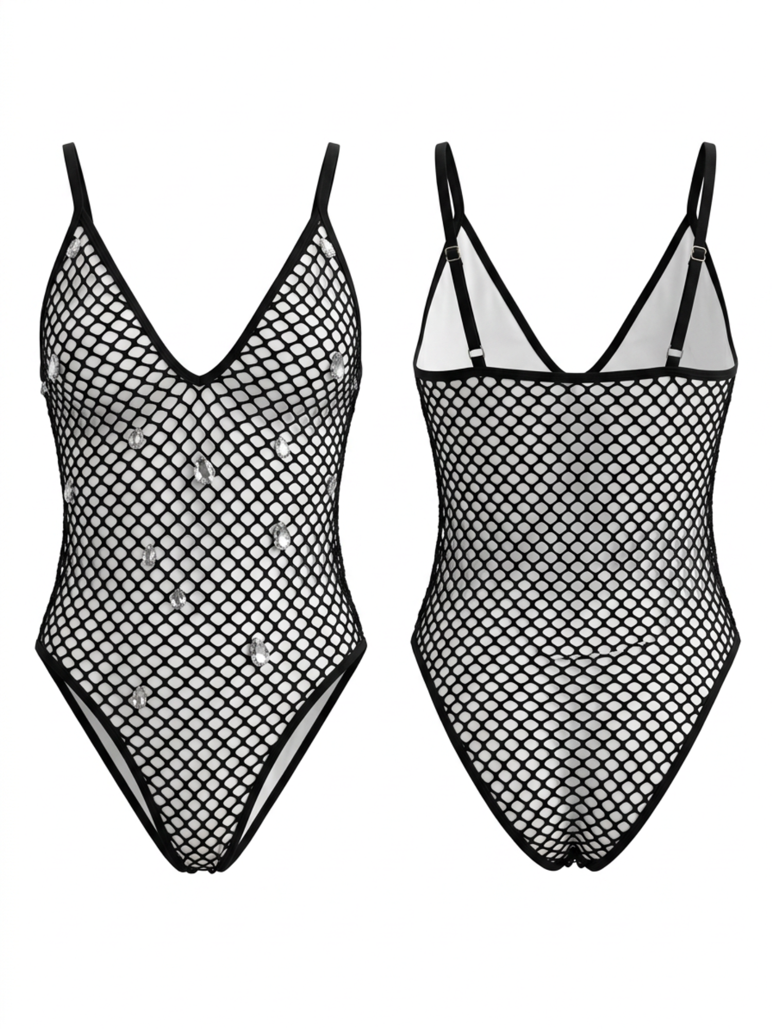 Fishnet Rhinestone V-Neck Strap One-Piece