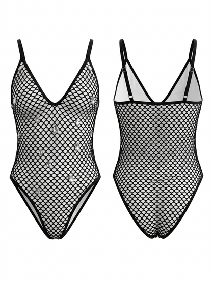 Fishnet Rhinestone V-Neck Strap One-Piece