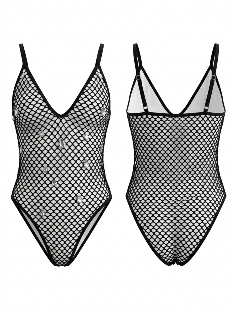 Fishnet Rhinestone V-Neck Strap One-Piece