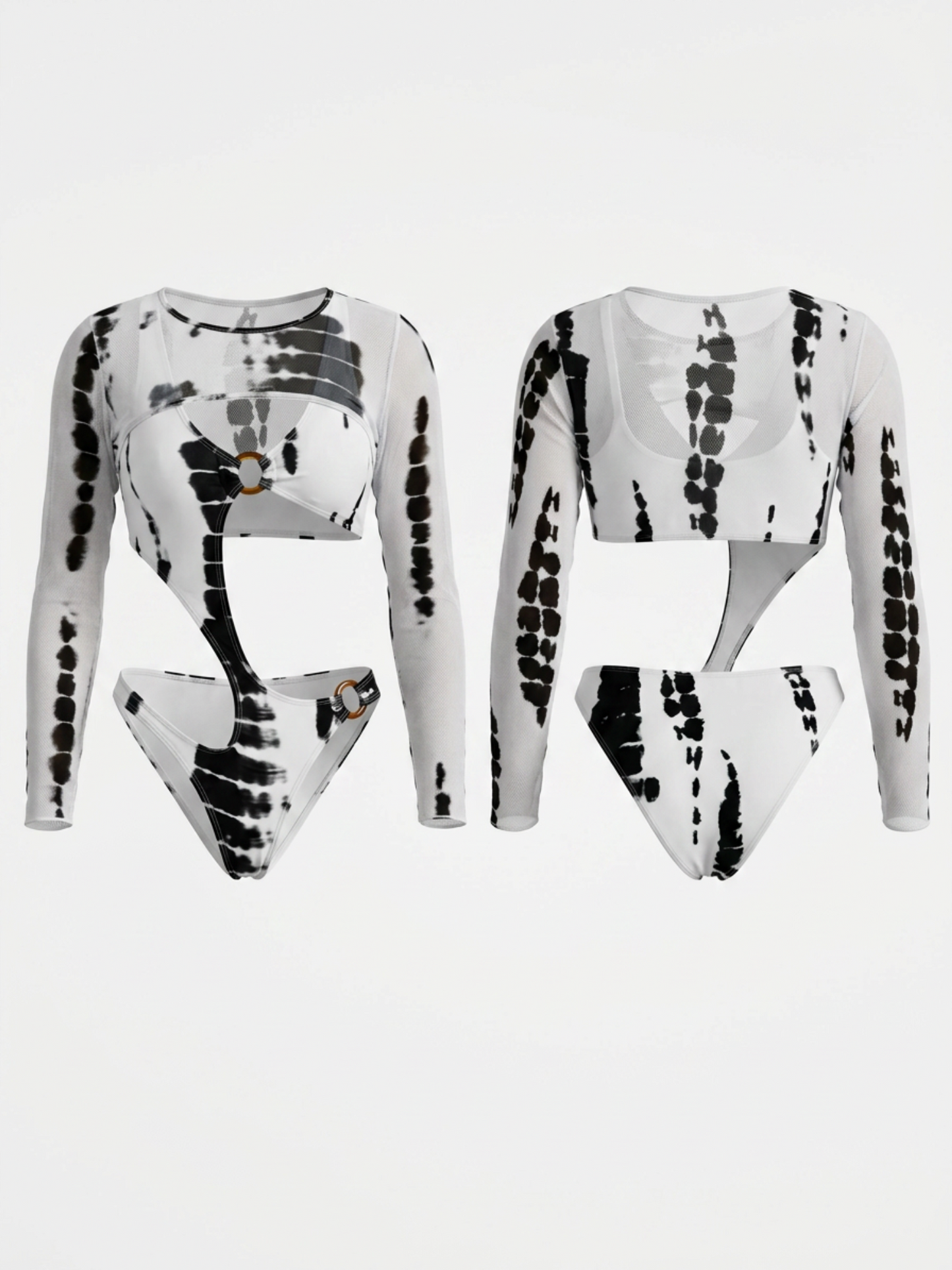 Black & White Tie-Dye Cutout One-Piece Swimsuit with Mesh Cover Up