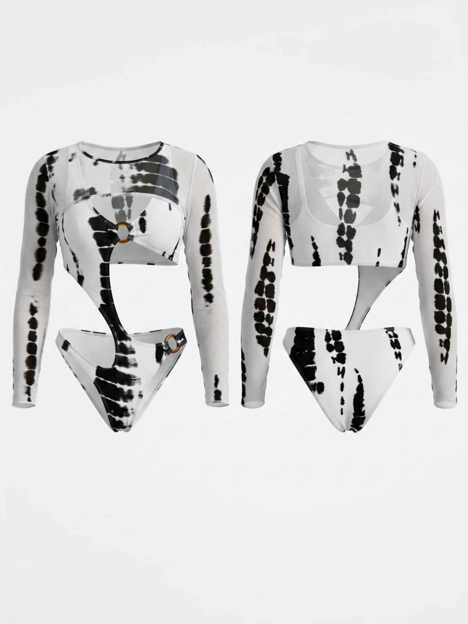 Black & White Tie-Dye Cutout One-Piece Swimsuit with Mesh Cover Up