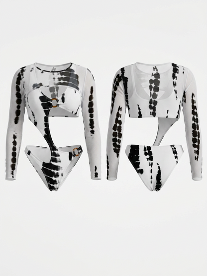 Black & White Tie-Dye Cutout One-Piece Swimsuit with Mesh Cover Up