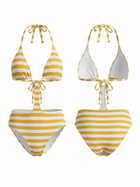 Yellow & White Striped Halter Cutout One-Piece