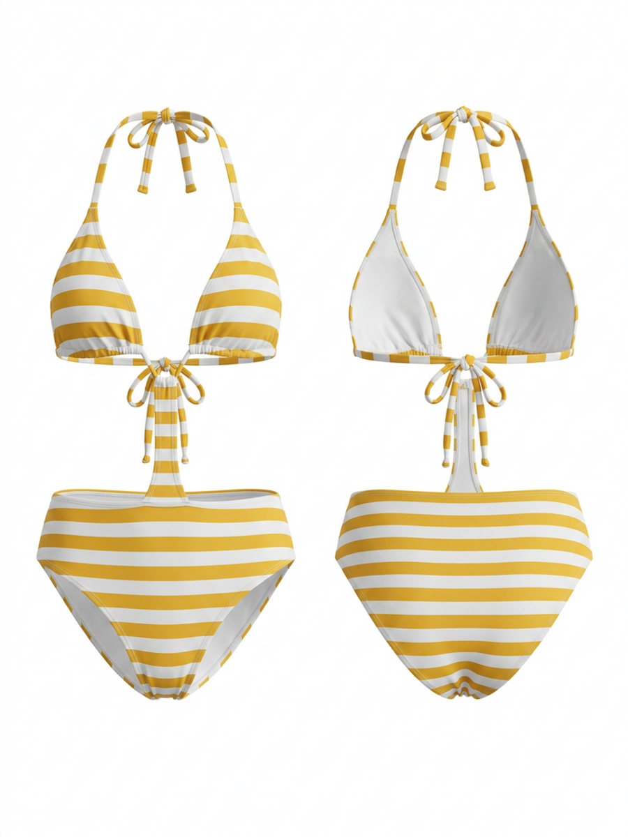 Yellow & White Striped Halter Cutout One-Piece