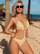 Yellow & White Striped Halter Cutout One-Piece