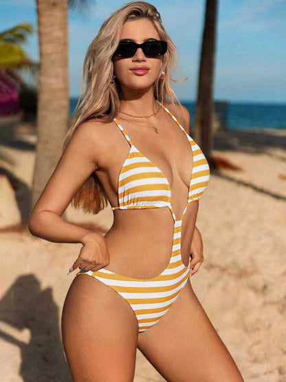 Yellow & White Striped Halter Cutout One-Piece