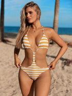Yellow & White Striped Halter Cutout One-Piece