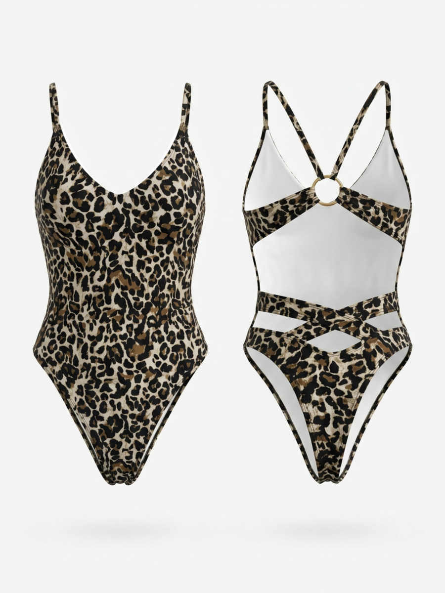 Leopard Print Hollow Out Tie One-Piece