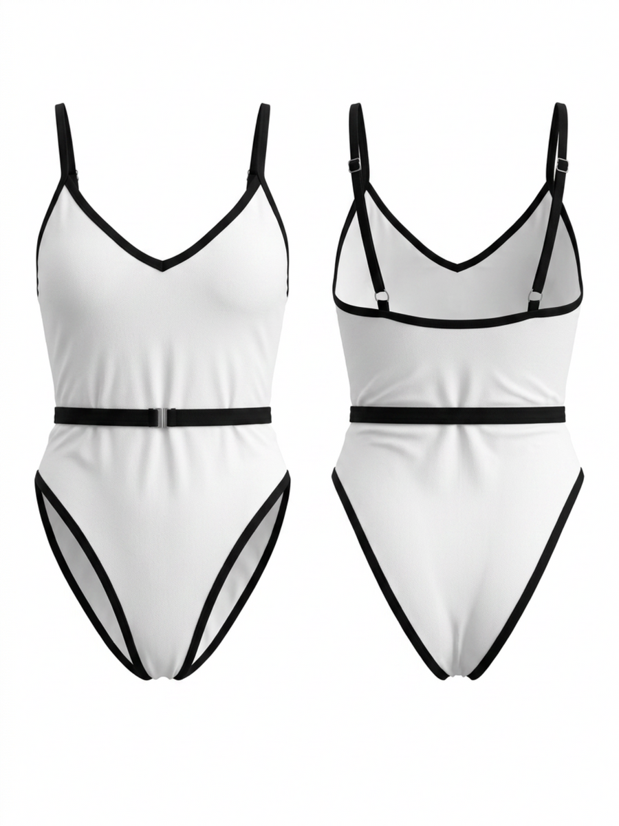 Black & White Color Block Waist Belt One-Piece