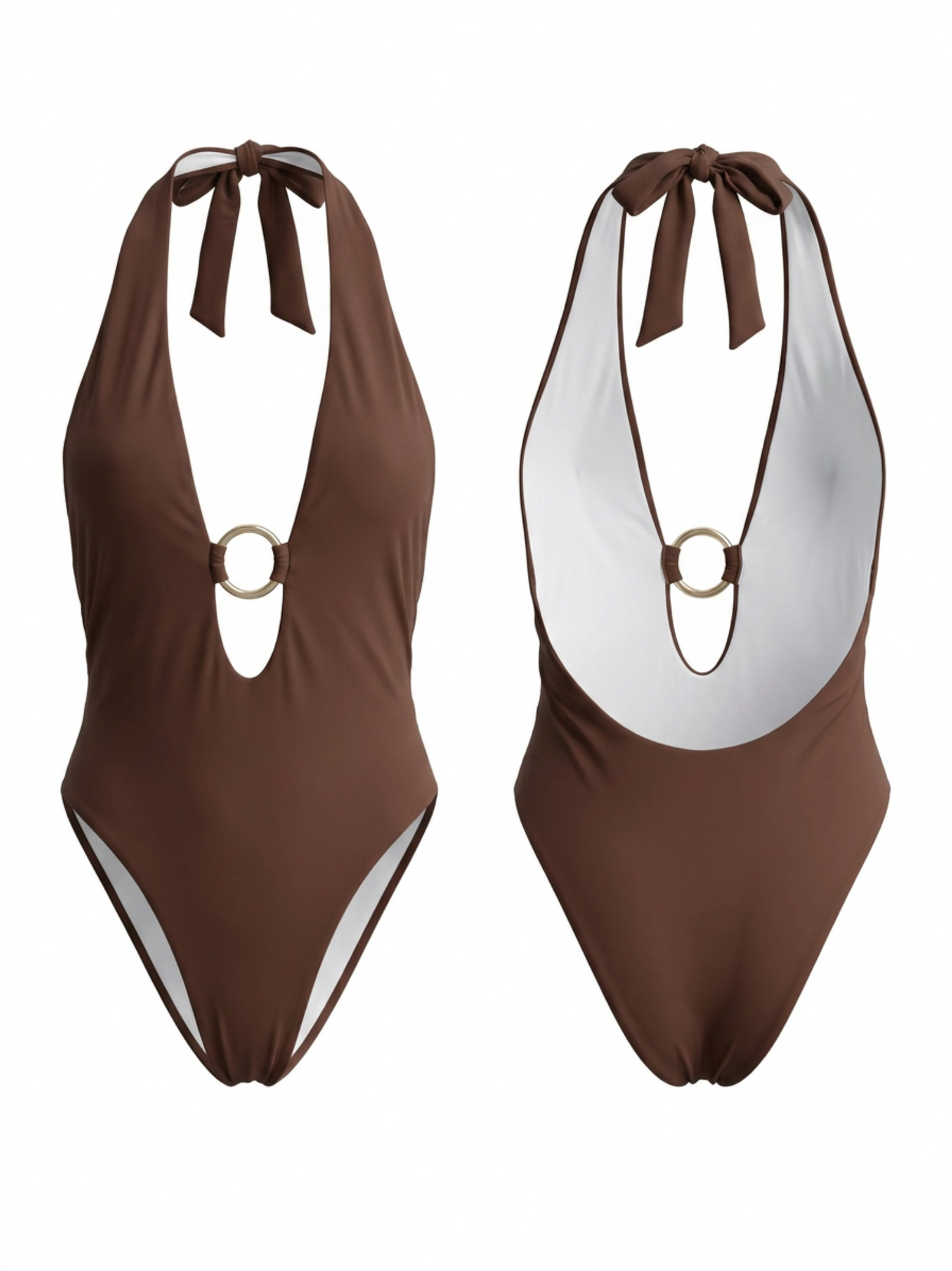 Brown Halter Tie Backless One-Piece