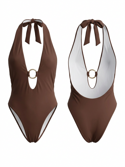 Brown Halter Tie Backless One-Piece