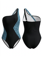 Black & Leopard Print Color Block One-Shoulder One-Piece