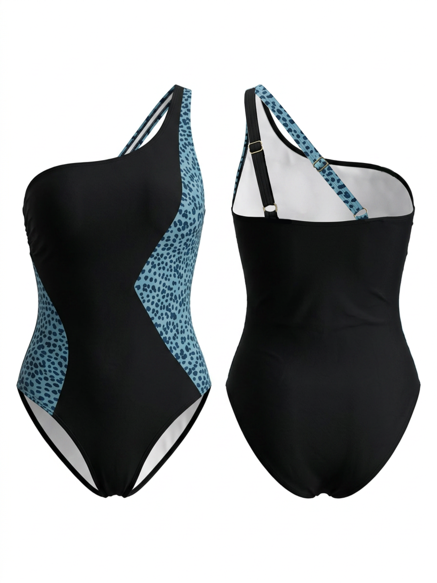 Black & Leopard Print Color Block One-Shoulder One-Piece