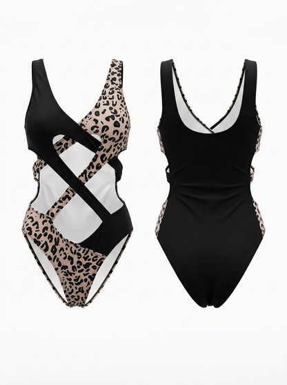 Leopard Print & Black Cross Strap Cutout One-Piece
